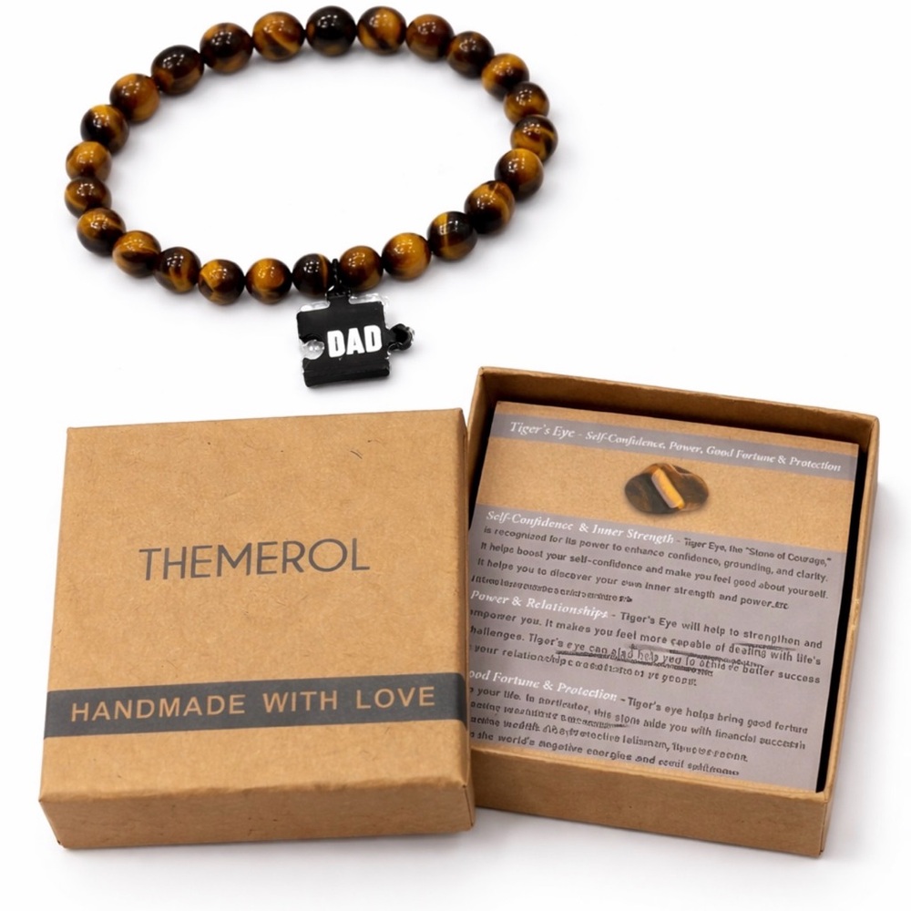 Theme Tiger's Eye Brown Beaded 'DAD' Charm Bracelet